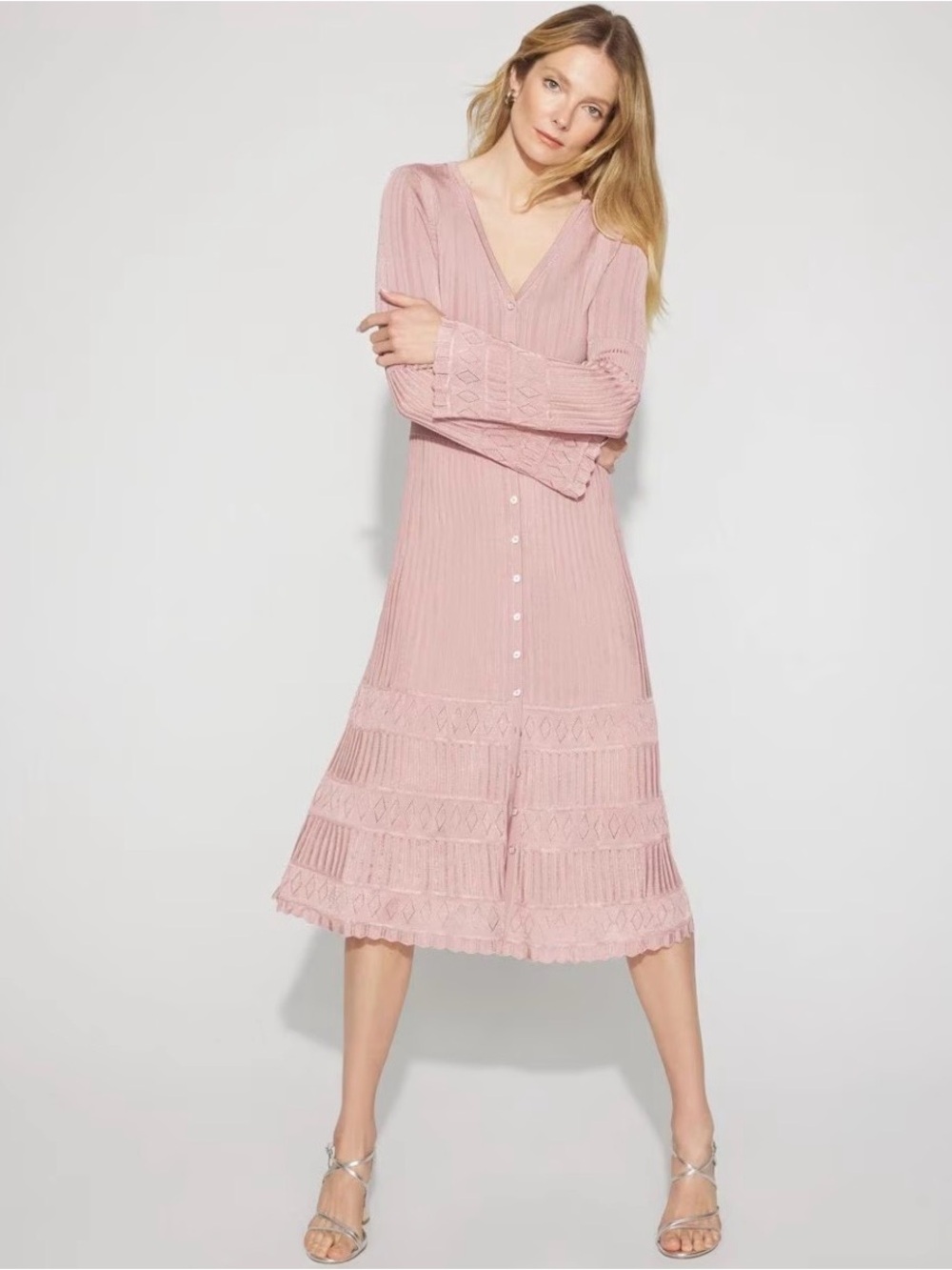 White House Black Market Button Down Ribbed Sweater Dress Pink Blush Size Small